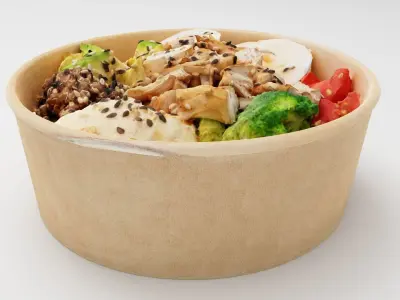 Poke bowl lunch with eggs chicken avocado tomatoes rice chuka  3D model