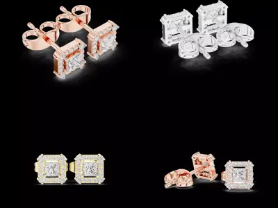 Square Halo Diamond Stud Earrings CAD Design With Screw Back 3D print model