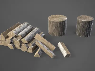 Firewood pile with stumps and axe Low-poly 3D model