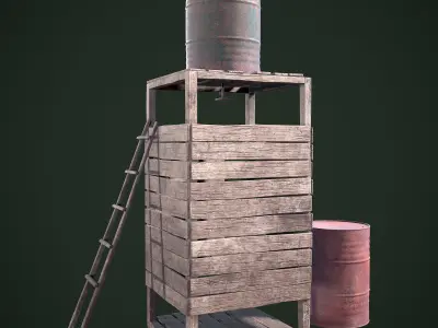Shower wooden barrel and ladder Low-poly 3D model