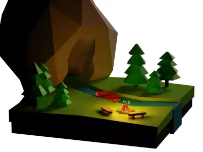 Low Poly Forest camping with campfire and trees Free 3D model