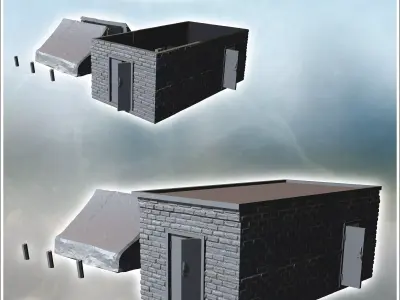Small brick building with flat roof and two doors adjacent to a  3D print model