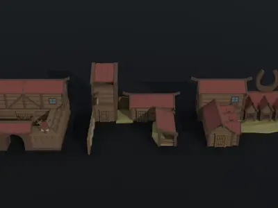 Cartoon medieval wood city asset Polygonal Style Low-poly 3D model