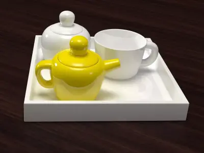 Bulky three teapots and cups on tray 3D model