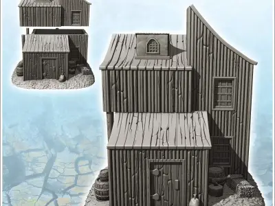 Wooden building with multiple curved roofs and exterior accessor 3D print model