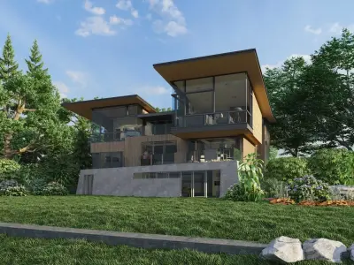 A Villa in the valley with flowers and trees 3D model