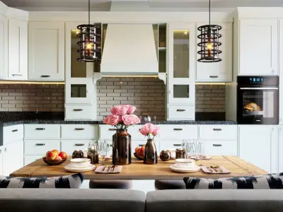 Kitchen with brick walls and wooden flooring Low-poly 3D model