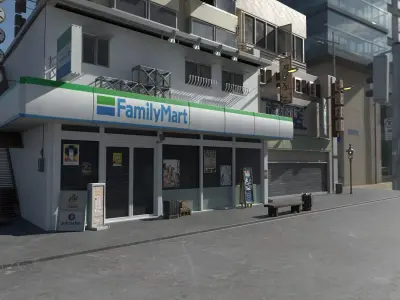 Family Mart- convenience store and street Low-poly 3D model