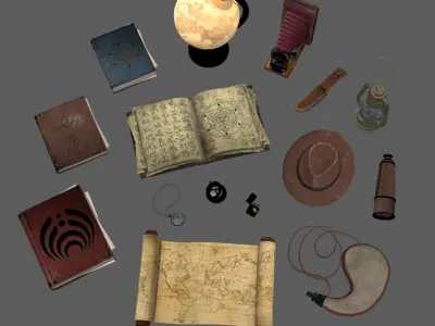 Explorer equipment complete set Globe Compass Telescope Low-poly 3D model