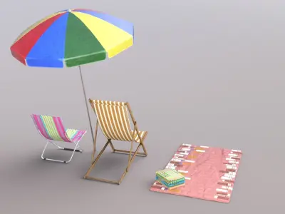 Beach Pack - Folding Chair Umbrella Towel Mat and Sunscreens Low-poly 3D model