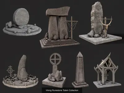 Viking Houses Totems Runestones Collection 3D Model Pack