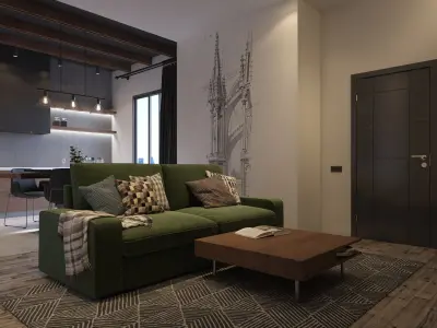 Wooden Kitchen And Living Room 3D model