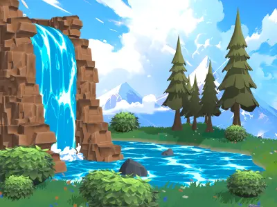 Stylized Waterfall Nature Scene Low-Poly 3D Environment 3D model