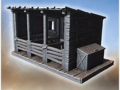 Covered wooden bridge with side rails plank flooring and adjacen 3D print model