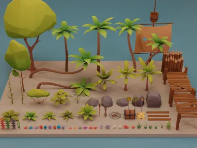 Low Poly Tropical Nature - Palm trees grass plants and rocks Low-poly 3D model