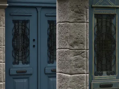 Entrance Double Door Concrete Frame Window Low-poly 3D model