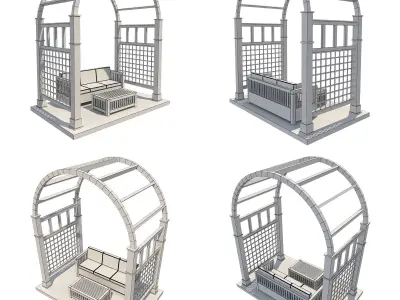 8 Pergolas Set 2 wooden arbour with sofa and chairs Low-poly 3D model