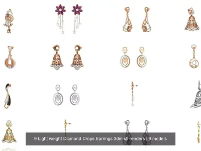 9 Light weight Diamond Drops Earrings 3dm stl renders 3D Model Pack