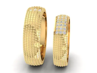 Luxury Textured  Wedding Band Set with Square Accent Stones 802 3D print model