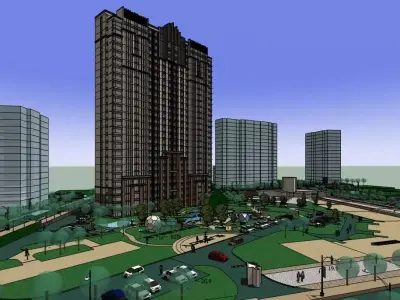Residential Apartment Tower Complex with Urban Park and Plaza  Low-poly 3D model