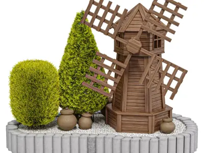 Garden decorative wooden mill with thujas 3D model