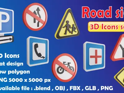 Road sign or Traffic sign 3D icon flat design collection no 3 Low-poly 3D model