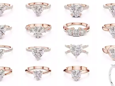 63 Heart Cut Diamond Rings 3DM STL OBJ FBX 3 Color Render Video 3D Model Pack