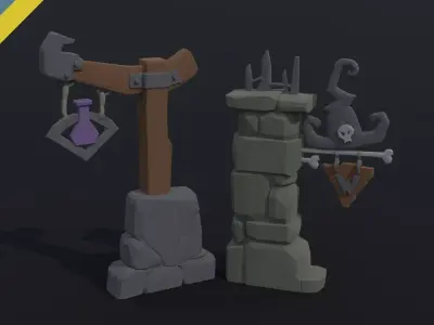Cartoon fantasy witch road sign Polygonal Style Low-poly 3D model