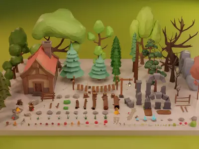 LowPoly Nature - Trees Grass and Rocks Low-poly 3D model