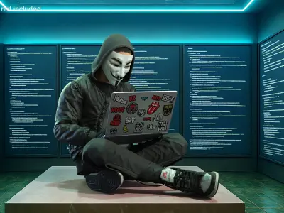  Hacker in Anonymous Mask Sitting Pose 