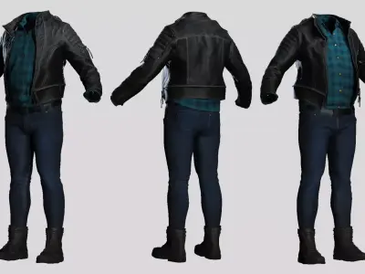 Male Leather Jacket and Plaid Shirt Outfit Low-poly 3D model