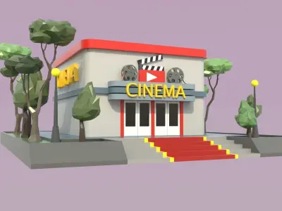 low poly isometric cinema building Low-poly 3D model