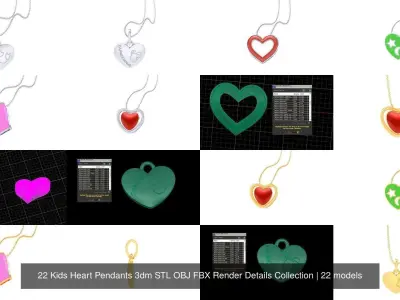 22 Kids Heart Pendants 3dm STL OBJ FBX Render Details Collection 3D Model Pack