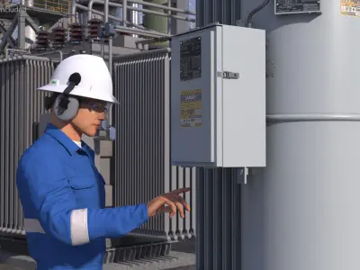  Worker Servicing Power Distribution Voltage Regulator 