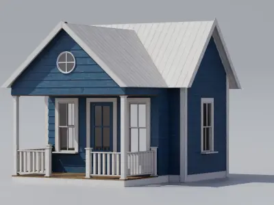 A white and blue wooden tiny house with a small porch Low-poly 3D model