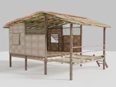 Thai style wooden house Low-poly 3D model