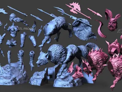 Barbarian statue of woman and wolf 3D print model