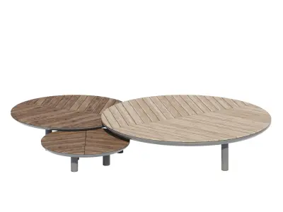 Atollo three round tables with metal legs and wooden tops 3D model