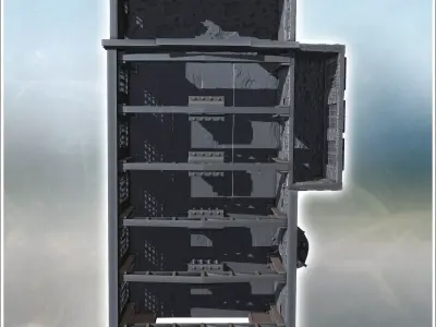 Partially destroyed building with large windows and missing roof 3D print model