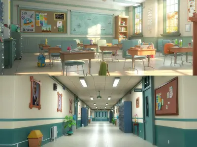 Cartoon Classroom Corridor  3D model