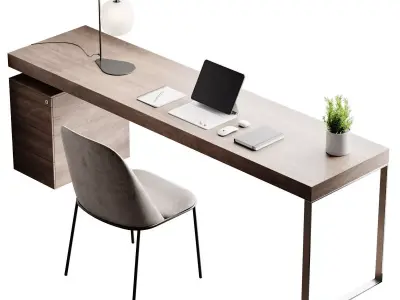 Workplace 2 modern desk with laptop and chair 3D model