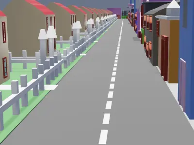 City low poly street with houses and buildings Low-poly 3D model