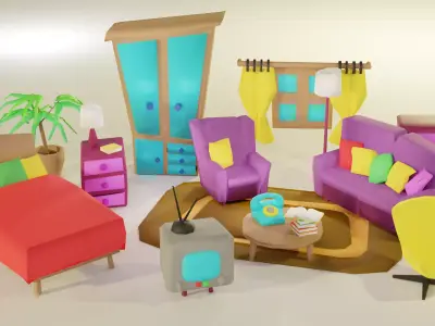 Cartoon Bedroom Funiture Low-poly 3D model