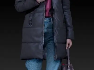 Woman in a black jacket with a bag 94 Low-poly 3D model
