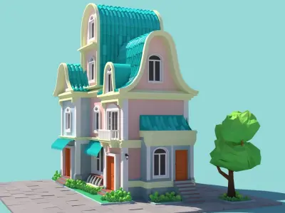 Stylized beautiful street town house-03 Low-poly 3D model