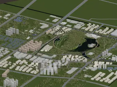 Futuristic Lakeside Park with Organic Hill Pavilions 3D model