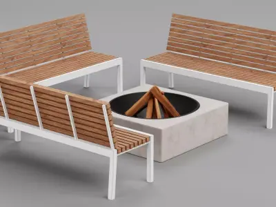 Garden Setup V3 - Wooden Benches with Modern Outdoor Fire Pit Low-poly 3D model