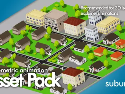 Suburb Houses and Buildings pack for isometric explainer videos 3D model