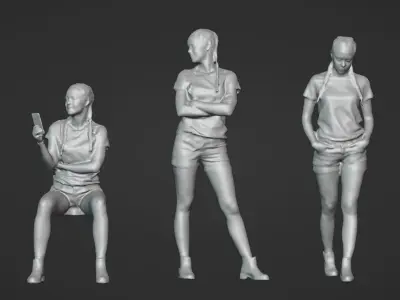 Set of young stylish woman sit walk and stand - posed 3d scan 3D model