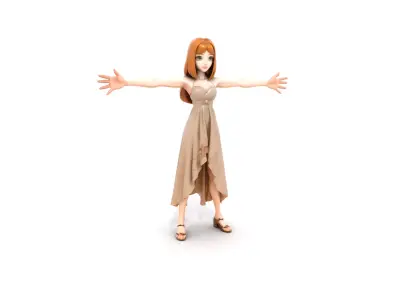 Elegant Female Character with Chestnut Hair Low-poly 3D model